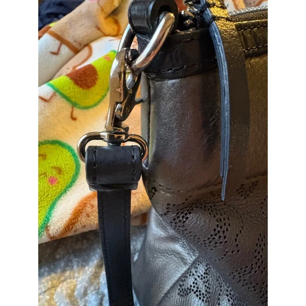 Brighton Metallic Pewter Perforated Leather Tote Crossbody Bag F356325‎